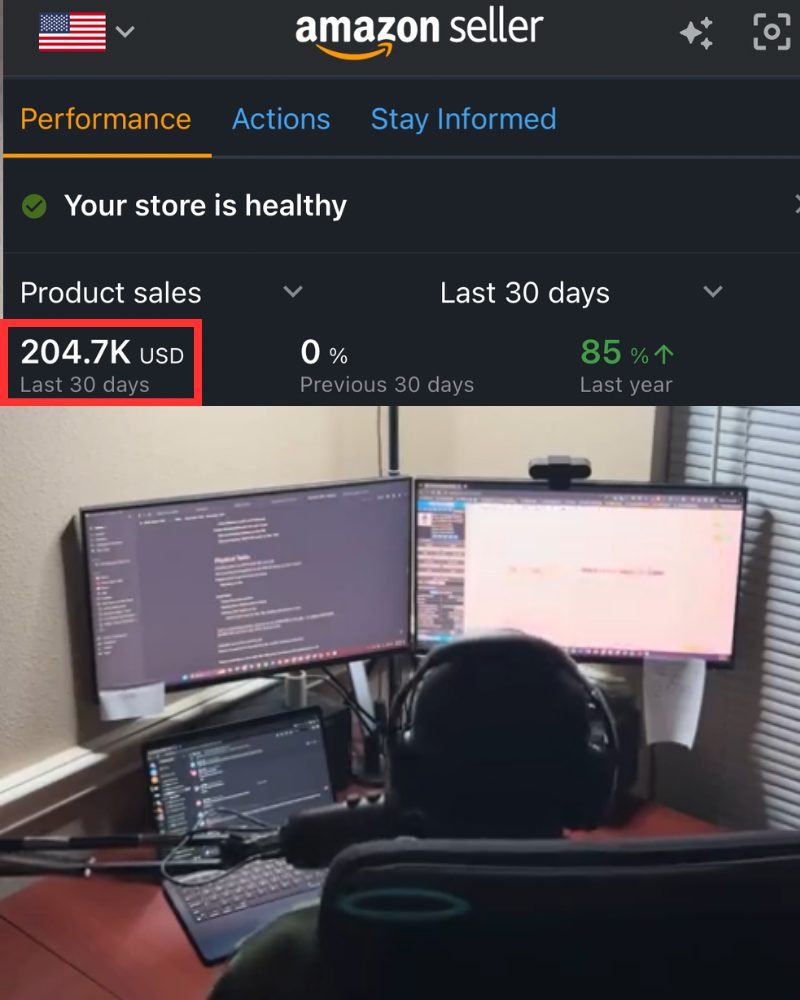 Amazon Seller dashboard showing $204.7K in sales over the last 30 days